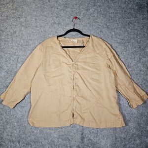 Womens Tan Linen Button Up Shirt Ramie Eco Natural Granola Minimalist‎ Sz XL